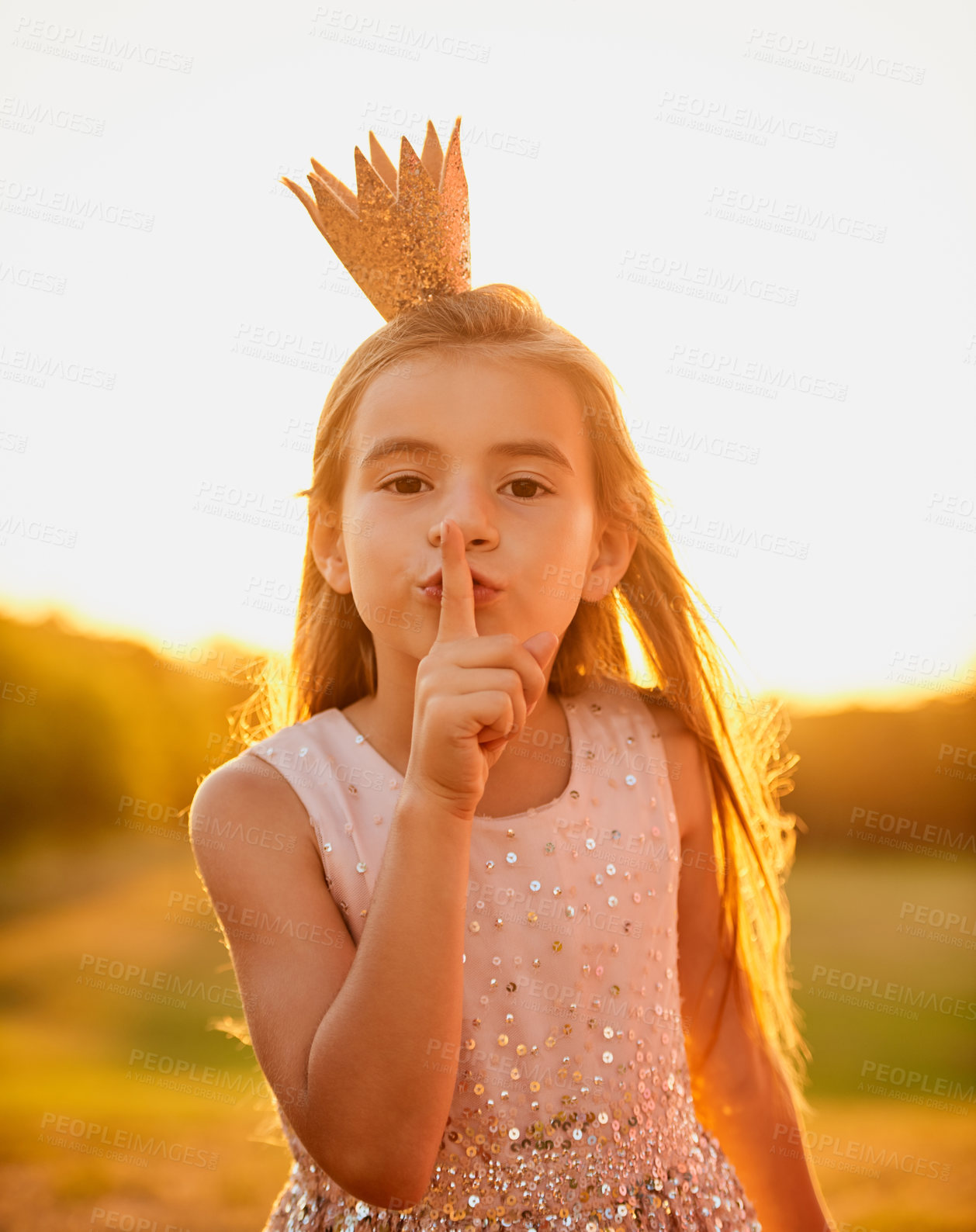 Buy stock photo Girl, child portrait and shush in nature, outdoor princess and finger for quiet or confidential news. Sunset, kid and emoji for privacy information, silence noise and symbol to whisper gossip 