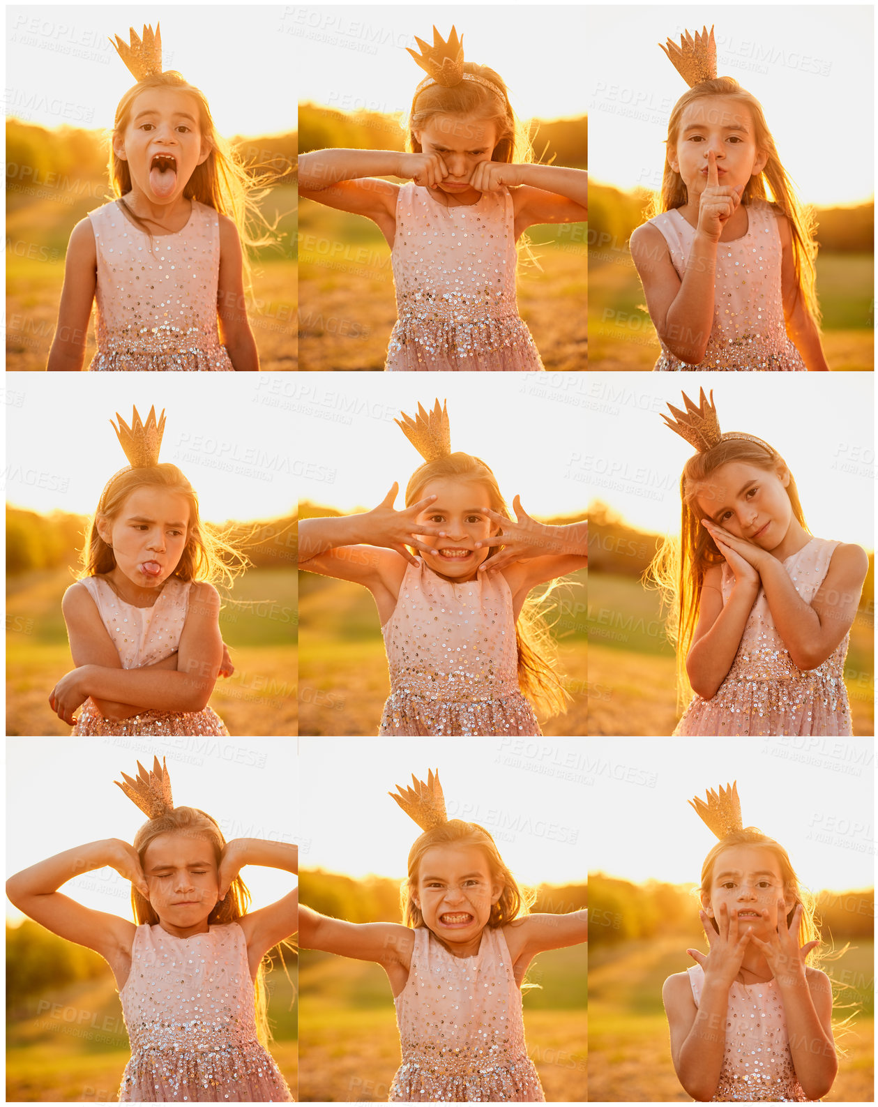 Buy stock photo Girl, crown or collage in nature with expression, fantasy or glitter for fairytale themed birthday party. Kid, princess or excited in field for play time, adventure or dress up at sunset in Australia