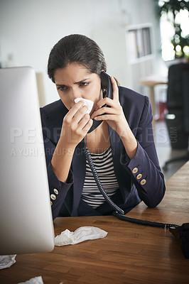 Buy stock photo Business, sick and woman at desk, telephone and communication with burnout, illness and virus. Person, financial clerk and employee with pc, calling and overworked with disease, sneeze and tissue