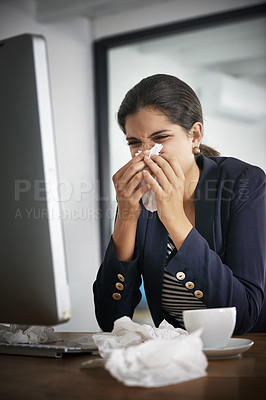 Buy stock photo Business woman, blowing nose and desk for illness, medical issue and office for hayfever symptoms. Female person, allergies and employee for cold or flu infection, virus and tissue for sinus fever