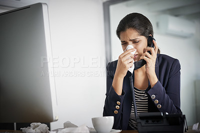 Buy stock photo Business, fever and woman at desk, telephone and communication with burnout, illness and tissue. Person, financial clerk and employee with pc, calling and overworked with disease, sneeze and virus