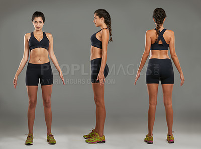 Buy stock photo Studio shot of a young attractive woman standing and showing of her athletic body physique