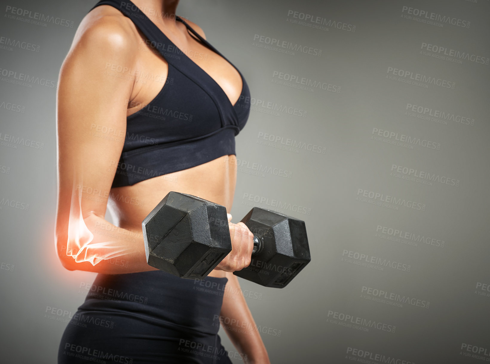 Buy stock photo Woman, training and red glow in weightlifting with dumbbell, injury and workout in studio background. Female person, exercise and wellness for sport, weightloss and fitness as bodybuilder for muscle