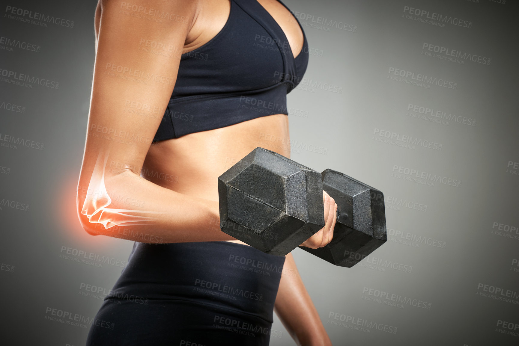 Buy stock photo Woman, training and xray glow in weightlifting with dumbbell, injury and workout in studio background. Female person, exercise and wellness for sports as bodybuilder with fitness, muscle or red elbow