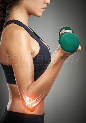 Buy stock photo Woman, exercise and overlay in weightlifting with dumbbell, injury and workout in studio. Gray background, training and wellness for sports as bodybuilder with fitness, muscle or red elbow in xray