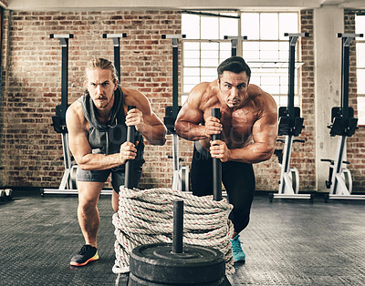 Buy stock photo Men, weights exercise and together with sled, rope and strong for fitness, health and training on floor. Body builder partnership, friends and teamwork for workout, coaching and muscle development