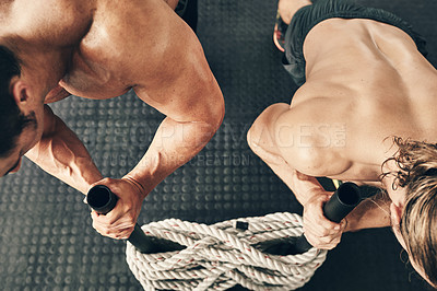 Buy stock photo Men, weights workout and together with sled, rope and top view for fitness, health and training on floor. Bodybuilder partnership, people and teamwork for exercise, coaching and muscle development