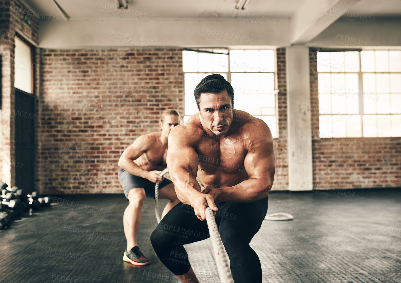 Buy stock photo Men, gym and pull rope for workout with strong muscle, coaching and teamwork for health, fitness and class together. Body builder partnership, focus and tug of war for exercise, wellness and training
