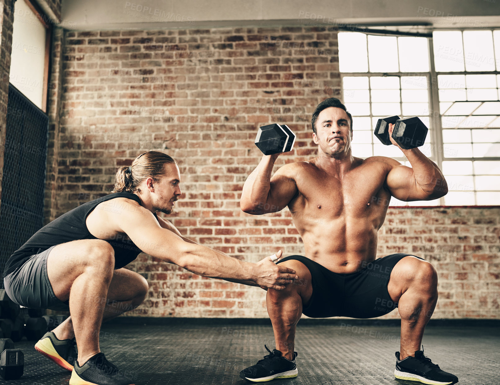 Buy stock photo Training, athlete and coach in gym together for teamwork, practice or group sports. Strong, men or friends exercise in fitness centre for cardio class, healthy physical activity and body building