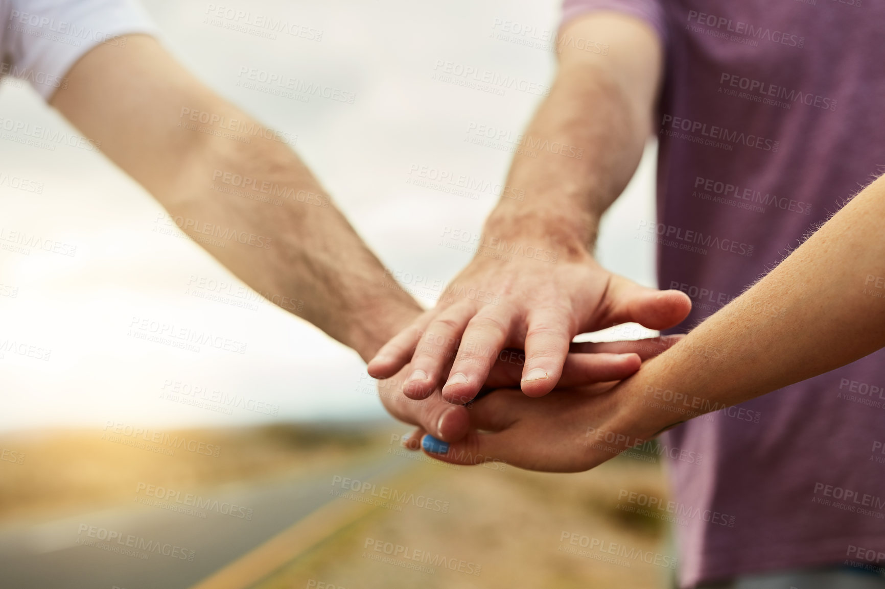 Buy stock photo Hands, friendship and together in nature for road trip, support or adventure in countryside. Travel, people and solidarity outdoors for bonding, freedom and tourism or journey in summer for vacation