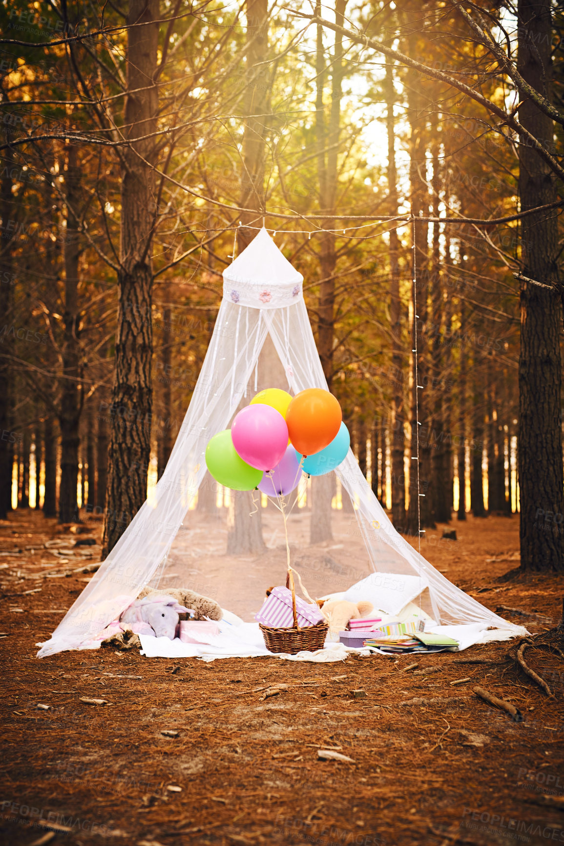 Buy stock photo Shot of a tent made for a children's birthday party filled with balloons and presents outside in the woods