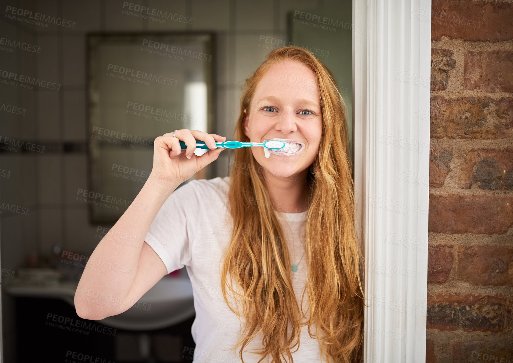 Buy stock photo Dental, portrait and woman brushing teeth in bathroom, cleaning mouth and gum care. Oral healthcare, hygiene and fresh breath in home with toothpaste, routine and toothbrush for wellness or whitening