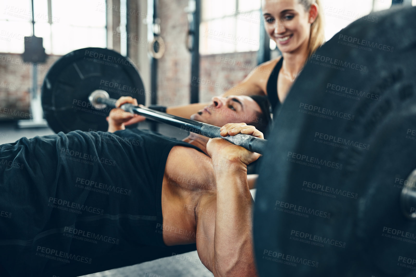 Buy stock photo Fitness, couple and weightlifting with barbell at gym for workout support, strong muscle and sports performance. People, equipment and bodybuilder for training progress, body goals and resilience