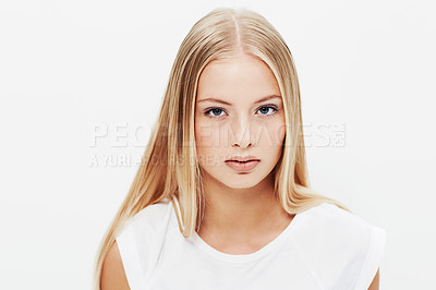 Buy stock photo Woman, portrait and beauty with treatment, face and model for skincare, cosmetics on white background. Makeup, vision or headshot with shine, wellness or clean for glow, dermatology or mockup space