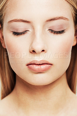 Buy stock photo Woman, face and closeup of skincare, beauty or makeup cosmetics for dermatology or cosmetology. Young female person with closed eyes for facial treatment, spa or salon for foundation or skin glow
