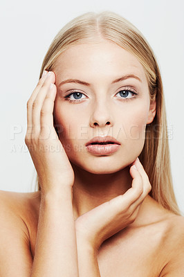 Buy stock photo Woman, portrait and hands on skin for beauty, natural cosmetics and glamour on white background. Clean face skincare and dermatology with makeup, wellness and facial for treatment for makeover