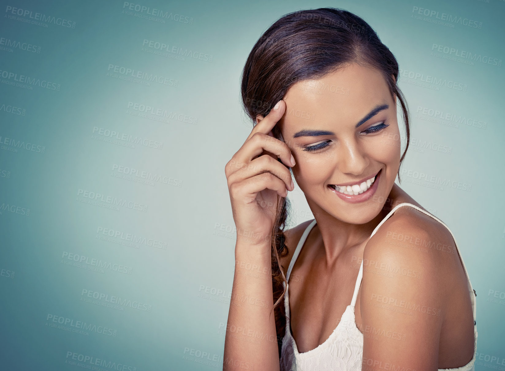 Buy stock photo Space, mockup or girl with smile or beauty on blue background for skincare, wellness or natural glow. Happy, proud model or face of woman in studio for dermatology or smooth results for facial health