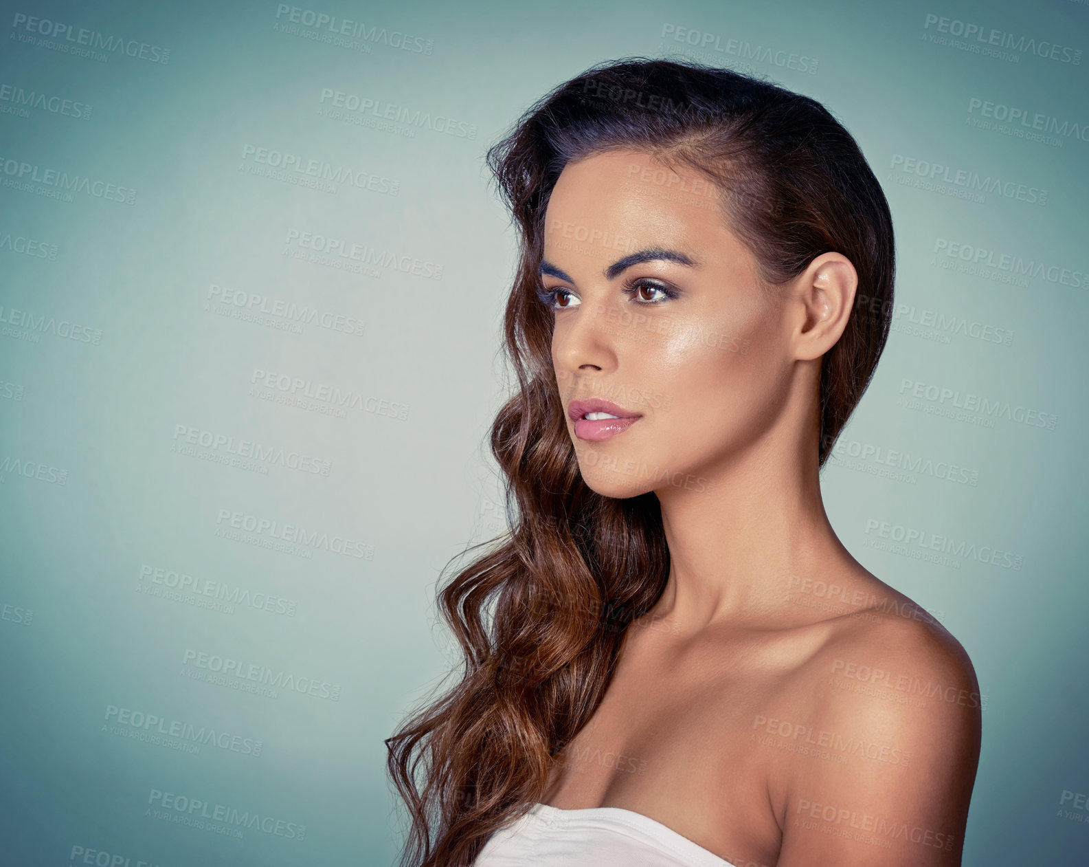 Buy stock photo Thinking, mockup or woman with beauty or skincare on blue background for shine, wellness or natural glow. Space, proud model or face of girl in studio for dermatology, smooth results or facial health