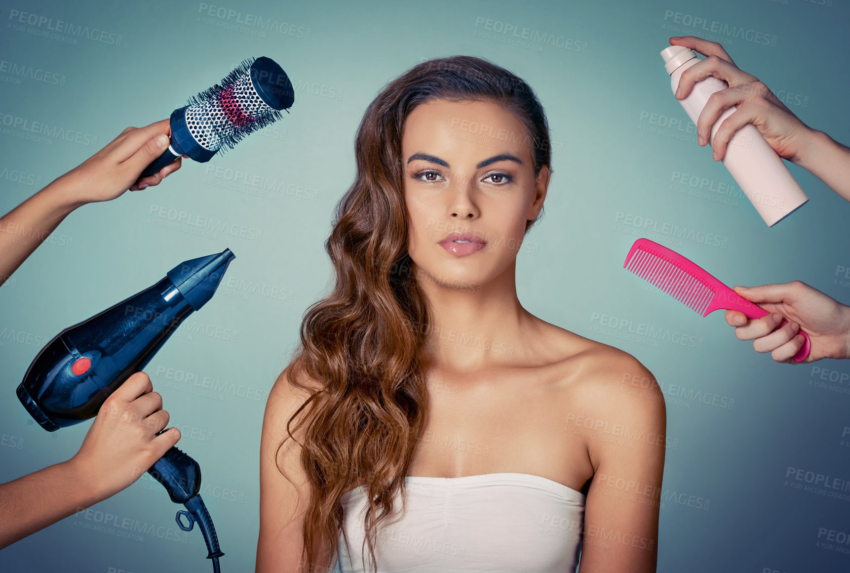 Buy stock photo Portrait, hands and tools for haircare, woman and treatment for hair, hairstyle and confident in studio. Blue background, hairdresser and hairdo of person, equipment and healthy texture in salon