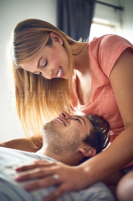 Buy stock photo Love, happy and relax with couple in bedroom for romance, bonding and marriage. Honeymoon, getaway and house rental with man and woman on holiday or staycation for anniversary retreat and wake up