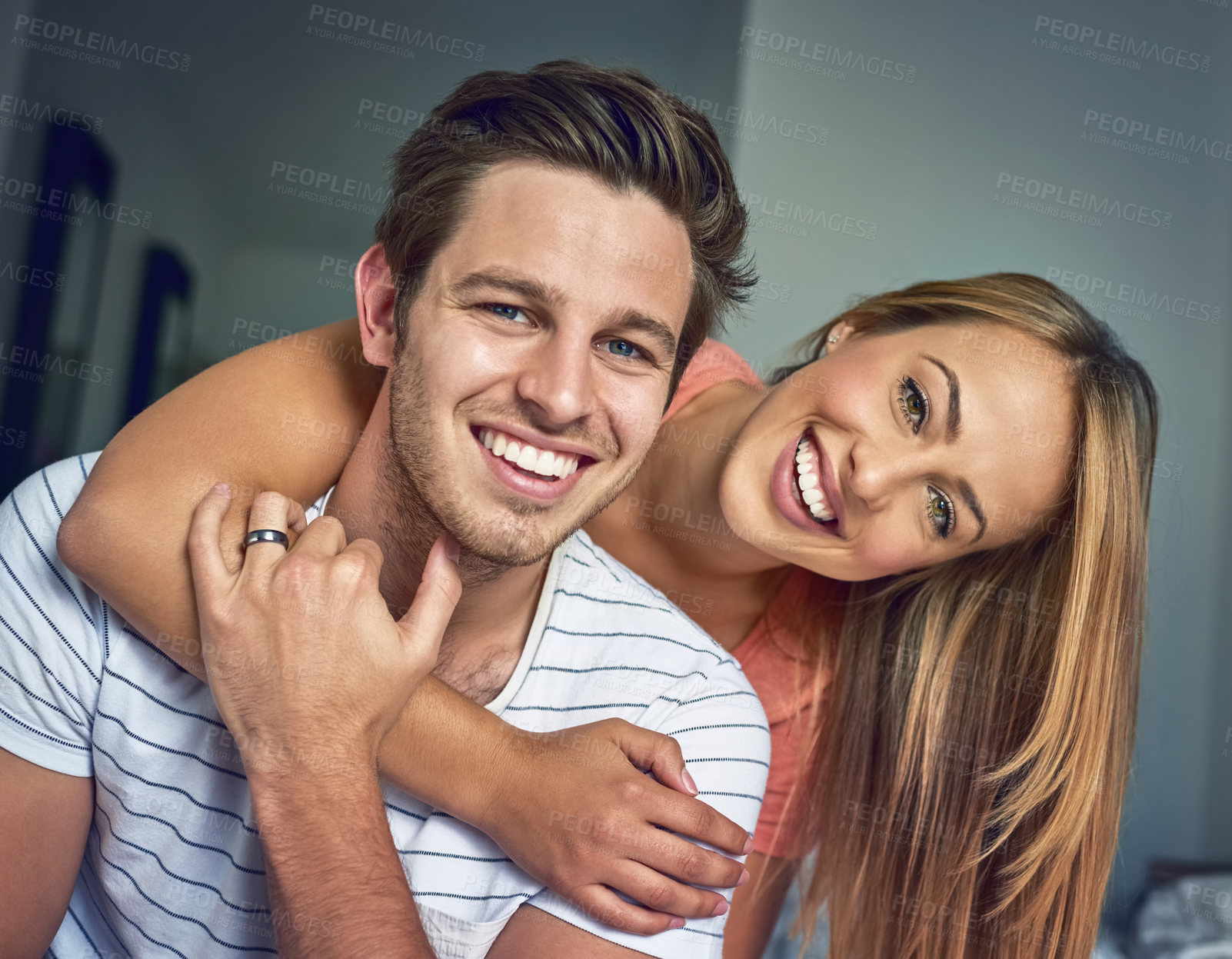 Buy stock photo Love, happy and portrait with couple in bedroom for romance, bonding and marriage. Honeymoon, getaway and house rental with man and woman on holiday or staycation for anniversary retreat and wake up