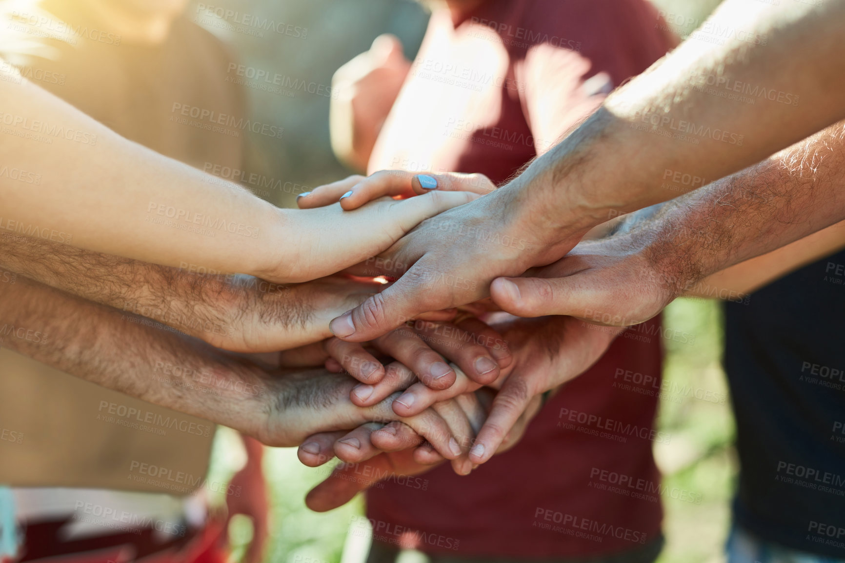 Buy stock photo Nature, stack or hands of friends in outdoor park for huddle, playing fun games and social gathering together. Community, holiday and people in group for bonding, support and teamwork on vacation