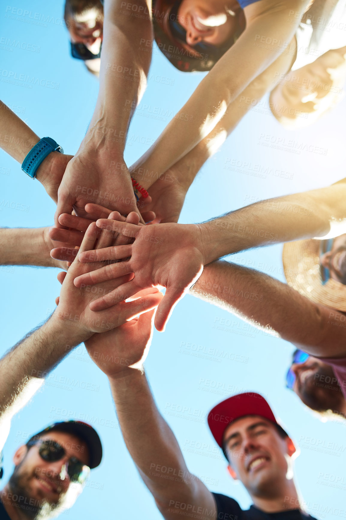 Buy stock photo Sky, stack or hands of friends in outdoor park for huddle, playing fun games and social gathering together. Community, holiday and people in low angle for bonding, support and teamwork on vacation