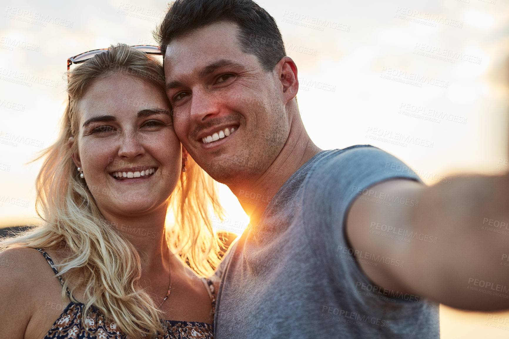 Buy stock photo Couple, selfie and sunset for vacation, relax and travel with love, memory and leisure in California n nature. People, portrait and happy for holiday, relationship and adventure with smile outdoor