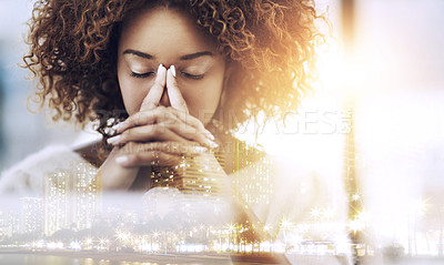 Buy stock photo Multiple exposure shot of a businesswoman looking stressed out superimposed over a cityscape