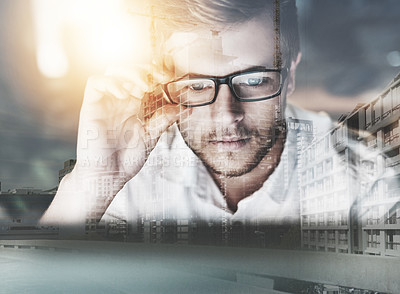 Buy stock photo Multiple exposure shot of a young businessman  adjusting his spectacles superimposed over a cityscape
