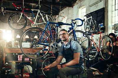 Buy stock photo Portrait, tools and serious repair man in bicycle shop, store or cycling workshop. Face, bike mechanic and male person, business owner or mature professional technician with glasses and confidence.