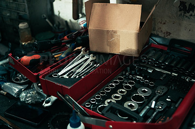 Buy stock photo Cropped shot of various tools in a toolbox