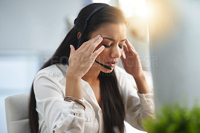 Buy stock photo Call center, stress or woman with headache or burnout is overworked by telemarketing deadline. Depressed, sad or tired sales woman frustrated with migraine pain or fatigue in customer services office