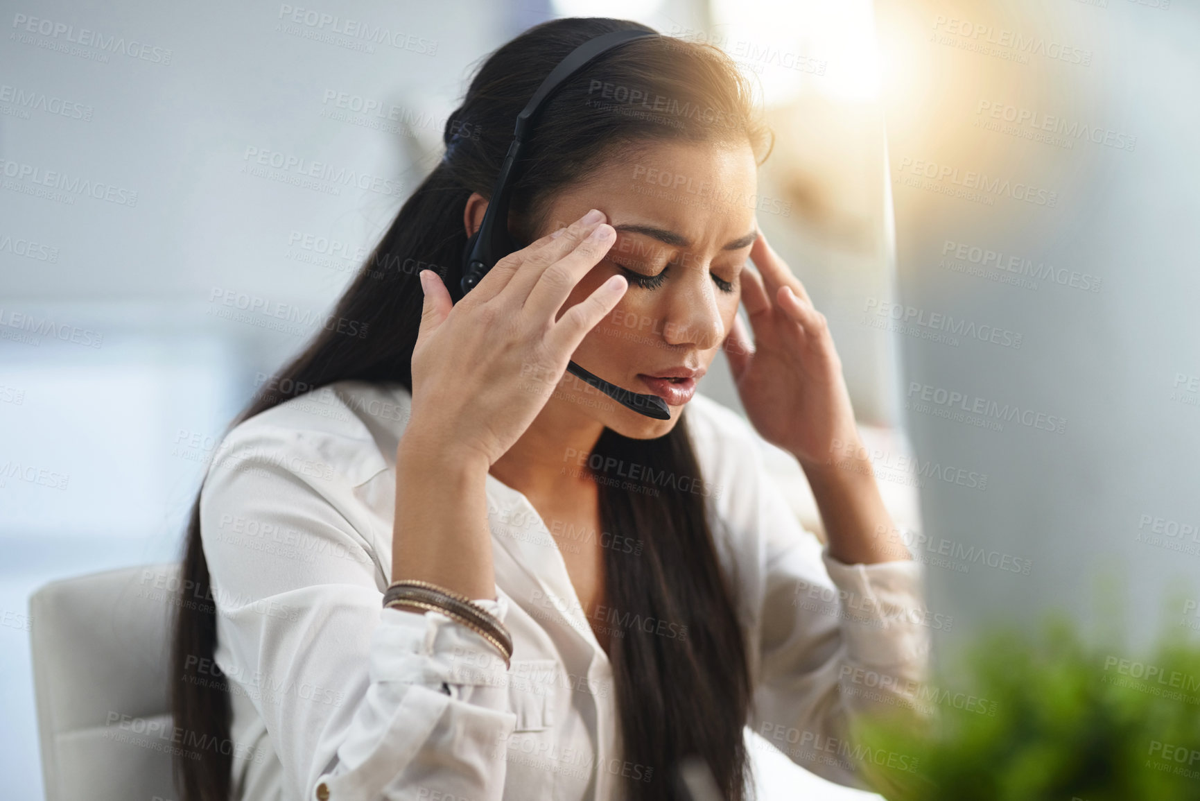 Buy stock photo Call center, stress or woman with headache or burnout is overworked by telemarketing deadline. Depressed, sad or tired sales woman frustrated with migraine pain or fatigue in customer services office