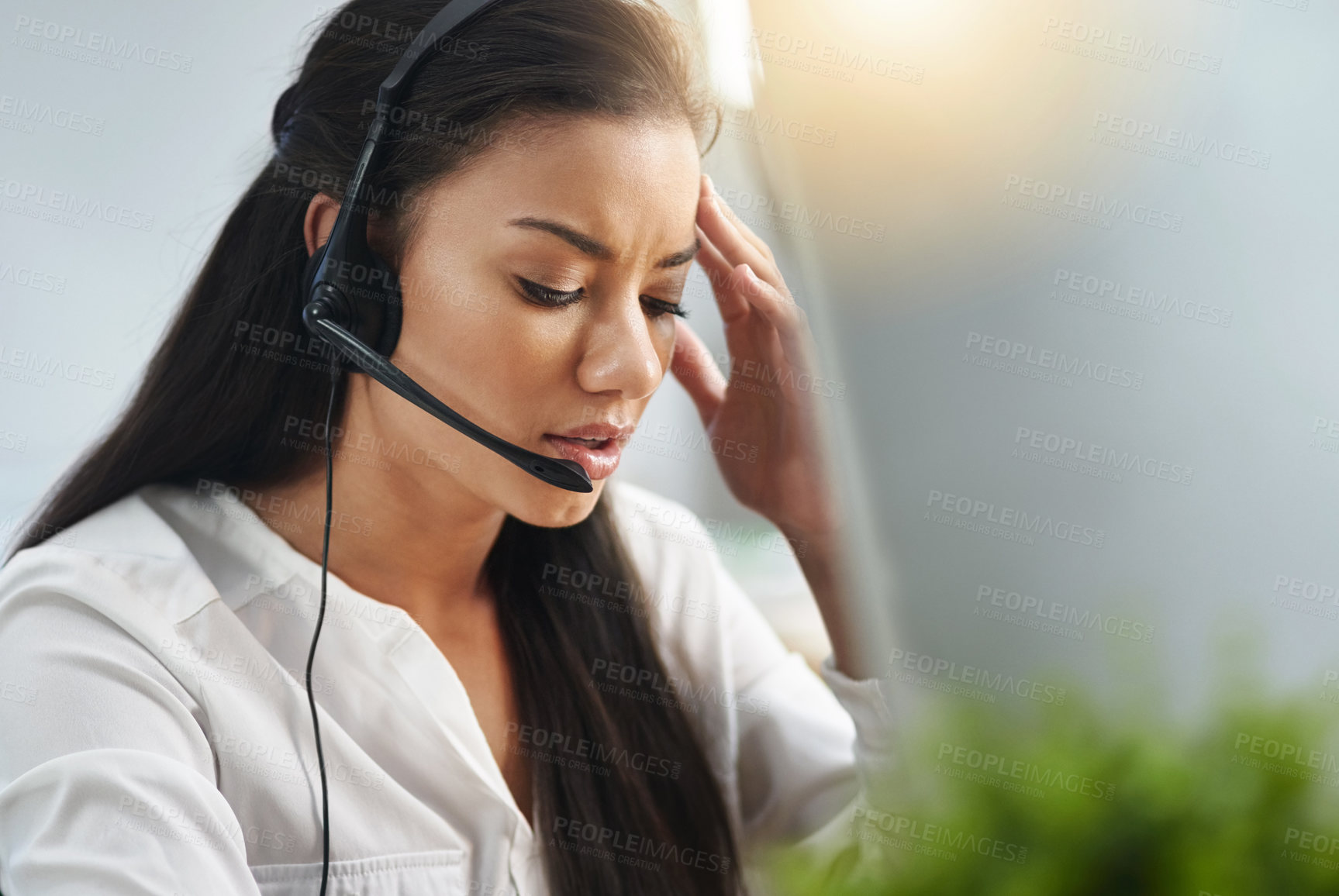 Buy stock photo Call center, face or woman with headache, stress or burnout is overworked by telemarketing deadline. Depressed, sad or tired sales agent frustrated with migraine pain in customer services office 