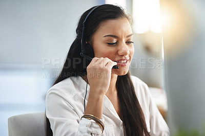 Buy stock photo Communication, microphone or woman in call center consulting, speaking or talking at customer services. Virtual assistant, friendly or sales consultant in telemarketing or telecom company help desk  