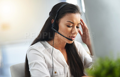 Buy stock photo Call center, depression or woman with headache, stress or burnout is overworked by telemarketing deadline. Depressed, sad face or tired sales agent frustrated with migraine pain in customer services