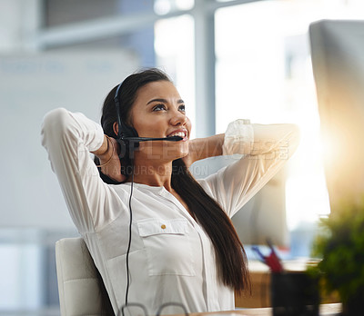 Buy stock photo Relax, smile or happy woman in call center consulting, speaking or talking at customer services. Virtual assistant, stretching or female sales consultant in telemarketing or telecom company help desk