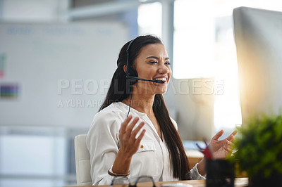 Buy stock photo Laughing, agent or happy woman in call center consulting, speaking or talking at virtual assistant help desk. Smile, friendly or funny sales consultant in telemarketing customer services or telecom 