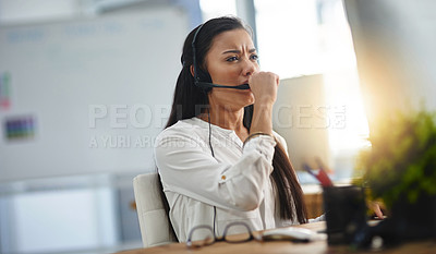 Buy stock photo Yawn, tired or woman with burnout in call center overworked or overwhelmed by telemarketing deadlines. Fatigue, exhausted girl or stressed sales agent yawning while networking overtime on computer