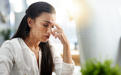 Buy stock photo Stress, burnout or businesswoman with headache in office with fatigue, anxiety or depression. Depressed employee, sad female consultant or tired person frustrated with migraine pain in workplace 