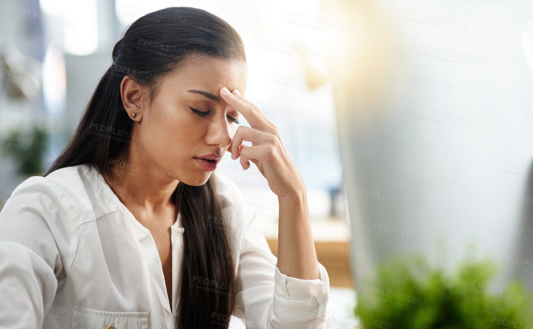 Buy stock photo Stress, burnout or businesswoman with headache in office with fatigue, anxiety or depression. Depressed employee, sad female consultant or tired person frustrated with migraine pain in workplace 