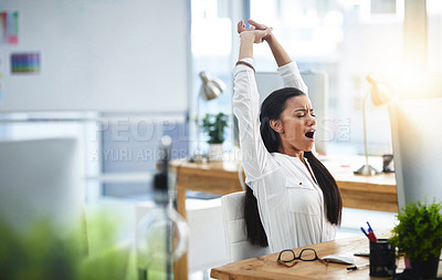 Buy stock photo Yawn, stretching or tired woman with fatigue in call center overworked or overwhelmed by telecom deadline. Burnout, exhausted girl or female sales agent yawning while networking overtime at help desk