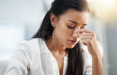 Buy stock photo Business, burnout or woman with headache, stress or tired in office with fatigue, anxiety or depression. Depressed employee, sad female consultant or person frustrated with migraine pain in workplace