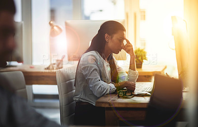 Buy stock photo Depression, burnout or business woman with headache in office with fatigue, anxiety or stress. Depressed employee, sad female consultant or tired person frustrated with migraine pain in workplace 