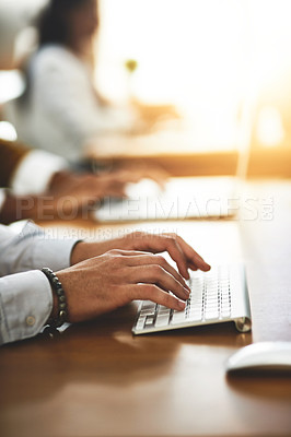 Buy stock photo Hands, office or businessman typing on computer networking for project or online research at desk. Person, closeup or male worker copywriting on startup blog report or digital article with keyboard