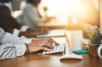 Buy stock photo Hands, office or man typing on computer working on business project or online research at desk. Person, closeup or male worker copywriting on startup blog report or internet article with keyboard 