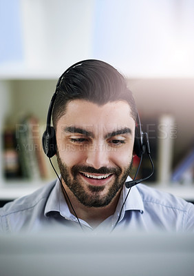 Buy stock photo Communication, face or friendly man in call center consulting, speaking or talking at customer services. Virtual assistant, happy or sales consultant in telemarketing or telecom company help desk 