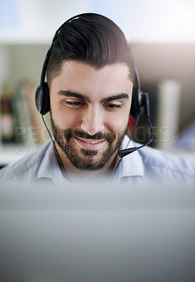 Buy stock photo Communication, face or happy man in call center consulting, speaking or talking at customer services. Virtual assistant, friendly or sales consultant in telemarketing or telecom company help desk 