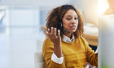 Buy stock photo Communication, crm or woman in call center consulting, speaking or talking at customer services office. Virtual assistant, explain or sales consultant in telemarketing or telecom company help desk 